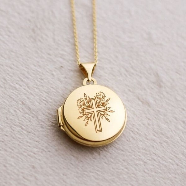 Locket Necklace 14K Gold Cross Necklace Flower Necklace religious gift for her spiritual gift cross lover gift gift for new mom