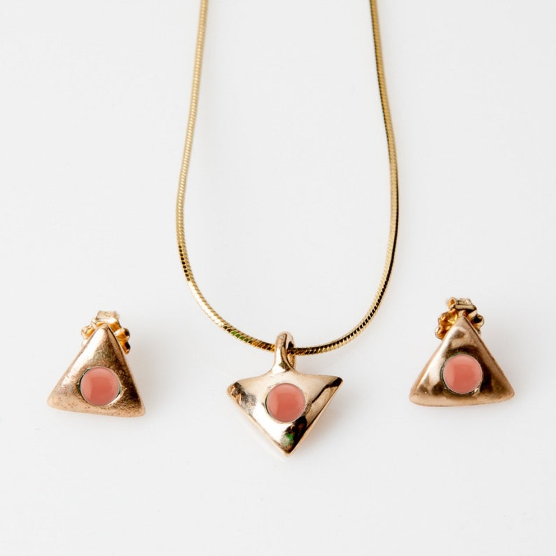 Pink Coral Earring Coral Gold Earring Geometric Earrings Gold Studs Bridal Jewelry Minimal Studs Bridesmaids Jewelry Triangle Earring