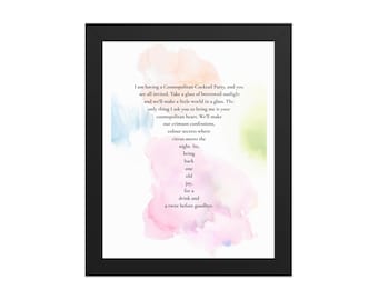 Pôster emoldurado com poema "Cosmopolitan Cocktail Party" de R Stephen | Arte de parede colorida com opções de moldura e tamanho