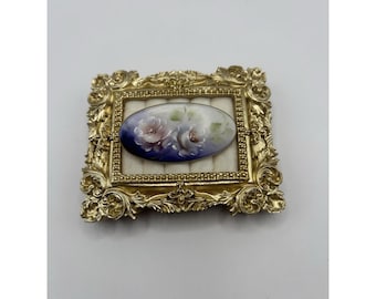 Vintage Hand Painted Floral Porcelain Brooch Oval Pin Purple White Flowers Art