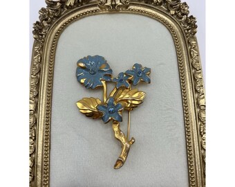 Vintage  Flower Brooch Gold Tone Blue Enamel Rhinestone Centers Unsigned Floral