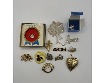Vintage Avon Brooch Lot: Gold Tone Flower, Angel, Swan, Leaf, Bird Designs