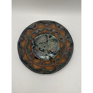 Signed Studio Art Pottery Plate Trinket Dish 5.5” Handcrafted Raku Style Geometric Vintage