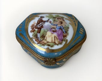 LIMOGES FRANCE BOX Vintage Blue Woman And Man Trinket Box Porcelain Serenade