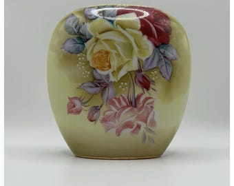 Nippon Gold Roses Pillow Vase 6 inch Made in Japan Vintage Flowers Yellow Pink