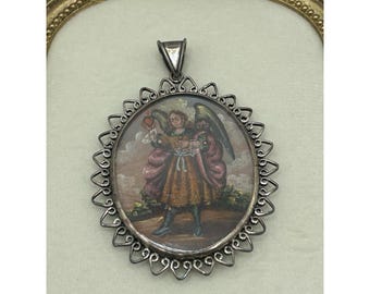 Sterling Silver Pendant Hand Painted Angels Double Sided 925 Religious Filigree Vintage Jewelry