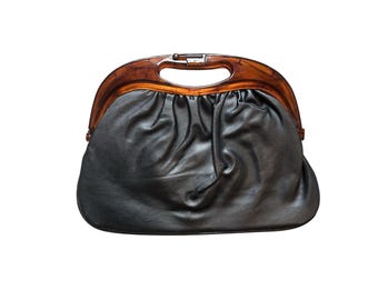 Vintage Schwarz Leder Handtasche Schildpatt Lucite Rahmen Clutch Geldbörse Retro MCM