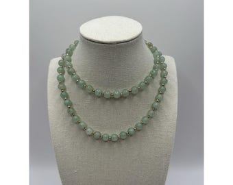 Vintage Jade Bead Necklace 28” Green Round Beads Gold Spacers Natural Stone