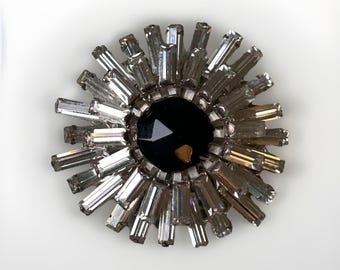 Miriam Haskell Brooch 1950’s Silver Tone Black Crystal Flower Vintage Pin Glam