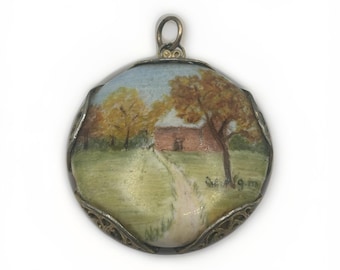 Hand Painted Porcelain Barn Farm Landscape Pendant Vintage Filigree Setting Signed GM Art