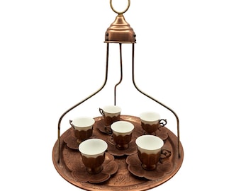 Vintage Turkish Copper Tea Set Tray Cups Holder Etched Serving Set 15.5” Flowers