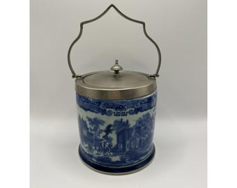Antique Victoria Ironstone Biscuit Barrel Blue Transferware England Lid Caddy