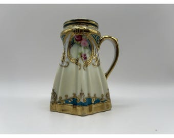 Antique Nippon C1891 Sugar Shaker Rose Teal Gilt Noritake Maple Leaf Art Nouveau