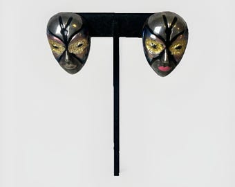 Sterling Silver Masquerade Mask Clip-On Earrings – Vintage Mardi Gras Face Jewelry