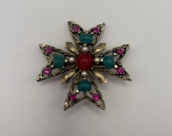 Maltese Cross Brooch Gold tone rhinestones red green pink stones Vintage Pin