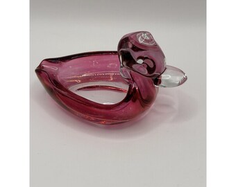Vintage Pink Cranberry Glass Duck Ashtray Figurine Mid Century Art Glass