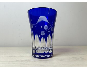 Rare edo kiriko cherry blossom Cobalt Blue Sake Glass Mountain Japan Japanese