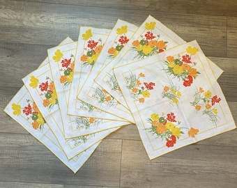 Vintage Vera Neumann Napkins Set of 7 MCM Floral Yellow Orange 15x15 Cottagecore