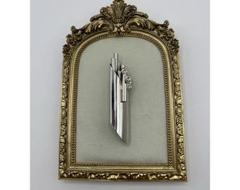 Vintage Modernist MCM Art Deco Tube Bar Brooch Silver Tone Rhinestone Pin Retro