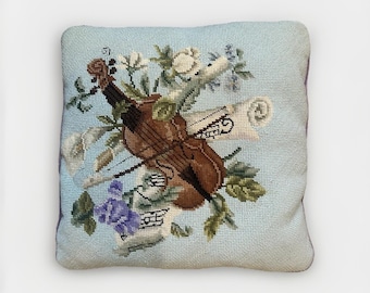 Vintage Nadelpunkt Kissen Violine Floral 15 ”X 15” Lila Samt Cottagecore Feminine Blau
