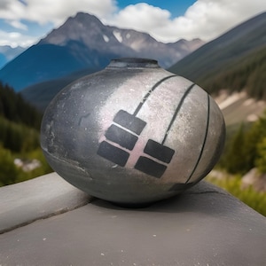 May include: A round, ceramic vase with a black and silver finish. The vase features a unique design with black rectangular shapes and lines. The background shows a mountain range and a blue sky.