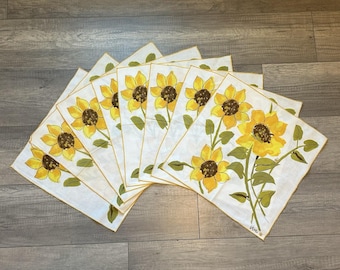 Servilletas de girasol Vera Neumann, juego de 8, lino vintage de los años 70, estilo MCM, estampado floral amarillo.