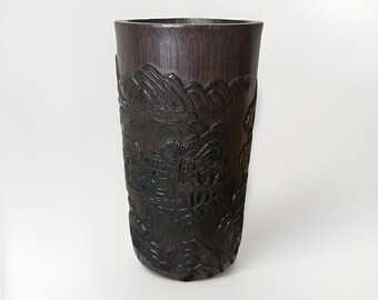 Bambus Topf Relief Geschnitzt Willow Hills Chinesisch China Vntg Berge Vase Holz geschnitzt