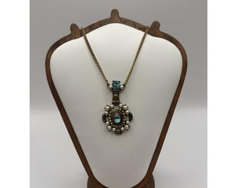 Vintage Lisner Blue & Faux Pearl Pendant Necklace Antique Gold Tone 1950s
