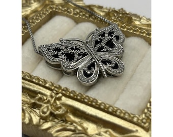 Collar vintage italiano de plata de ley 925 con mariposa, negro, estilo cottagecore, 45 cm (18 pulgadas), Love