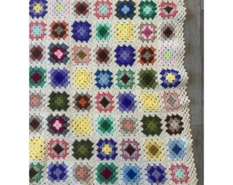 Vintage Handmade Granny Square Crochet Blanket Afghan Boho 62x38 Throw Cottage