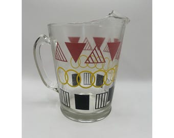 Atomic MCM Glass Pitcher Red Yellow Black Geometric Drinkware 1950s Retro Vintage