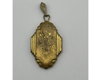 Antique Locket Cottagecore Art Deco Basket Flowers Gold Tone Large Pendant Love