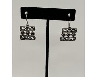 Vintage 925 Sterling Silver Garnet Dangle Earrings Geometric Artisan Red Purple