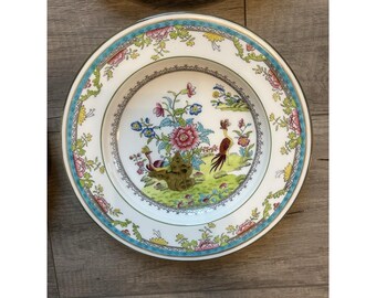 Coalport Peony Pheasant Turquoise Rim Soup Bowls Set of 6 England 9.25” Birds