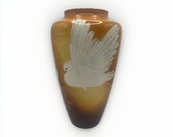 Antique Belleek Willets Hand Painted Bird Vase 11.5" Herons Egrets Art Nouveau Brown Yellow