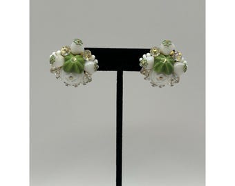 Vintage Glass Clip On Earrings White Green Floral Baby Teeth Beads VTG Jewelry