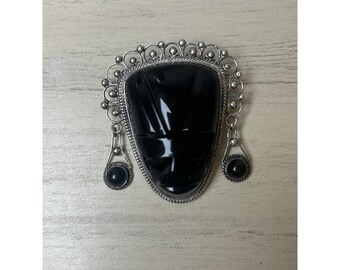 Sterling Silver Brooch Mexico Black Onyx Carved Stone Mask Aztec Warrior Pin