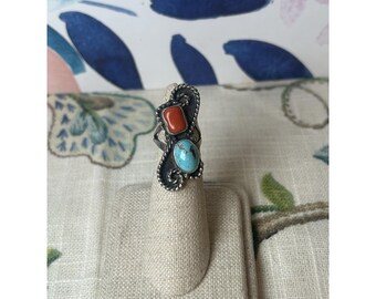 Vintage Southwest Sterling Silver Coral And Turquoise Ring Native American Sz 3