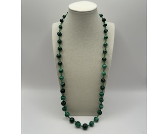 Vintage Hand Carved Green Malachite Necklace Graduated Beads Art Deco 30” Gift