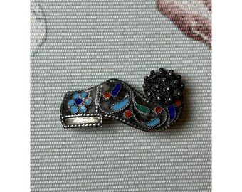 Vintage Orient Enamel Shoe Sterling Silver Brooch Pin Clog 925 Blue Red