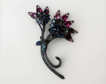 Florenza Pin Brooch Flowers Vintage Silver Tone Pink Blue Rhinestones Jewelry