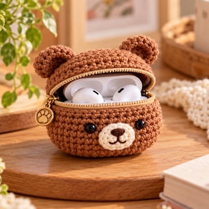 Puede incluir: Un estuche de ganchillo marrón con forma de oso para auriculares inalámbricos, con cierre de cremallera, dos orejas pequeñas, un hocico color crema con nariz y boca marrón oscuro, ojos de cuentas negras y un dije de metal dorado con huella.
