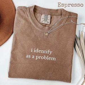 May include: A brown crew neck t-shirt with the text i identify as a problem printed in white on the front. The shirt features a Comfort Colors brand label at the inner neckline and is paired with a thin silver chain necklace with a small pendant.