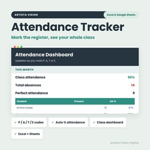 May include: A digital attendance tracker template for Excel and Google Sheets by Artista Vision. The interface displays an Attendance Dashboard with class statistics, including attendance percentage, total absences, and a student list with data.