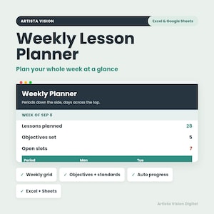 May include: A digital Weekly Lesson Planner template for Excel and Google Sheets by Artista Vision. The interface displays a weekly schedule with metrics for lessons planned, objectives set, and open slots, featuring a clean layout with dark headers.
