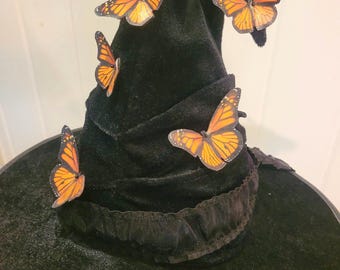 Chapeau de sorcière en velours papillon monarque – Costume d'Halloween fantaisiste, décoration effrayante
