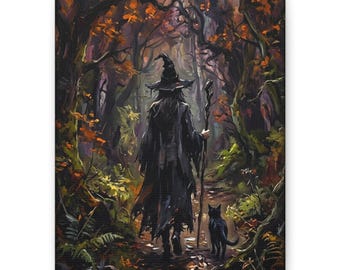 Sorcière d'Halloween et chat noir dans une forêt enchantée - Tableau sur toile mate - Décoration murale d'Halloween