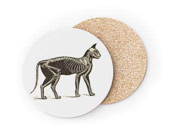 Dessous de verre vintage squelette de chat | Dessous de verre en liège à motif d'anatomie animale gothique
