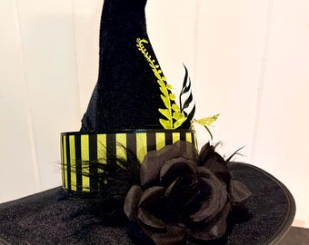 Custom Green Black Velvet Witch Hat, Floral Embellished Halloween Costume Decor