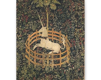 Tapisserie médiévale à motif de licorne dans un jardin clos, toile murale